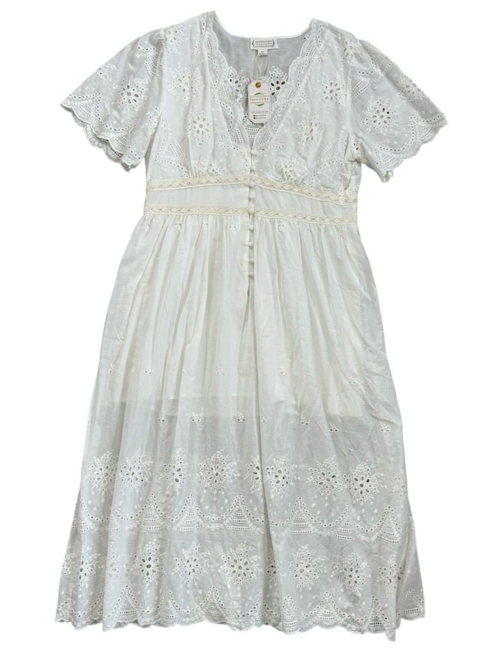 NWT Love Riche White Eyelet Midi Dress with Lace Trim 1X Cottagecore Boho
